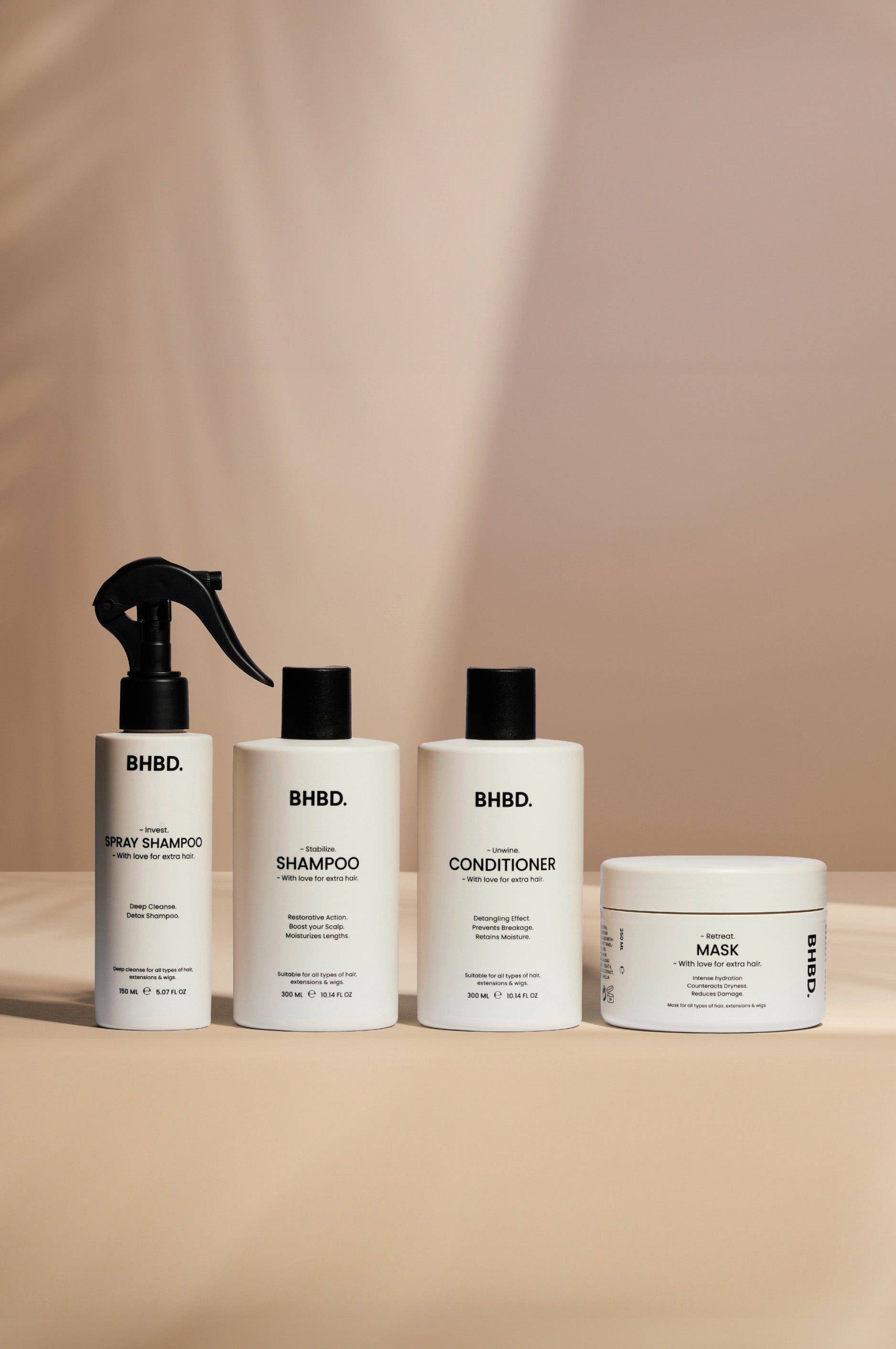 BHBD Hair Care: Spray shampoo, shampoo, conditioner and hair mask.